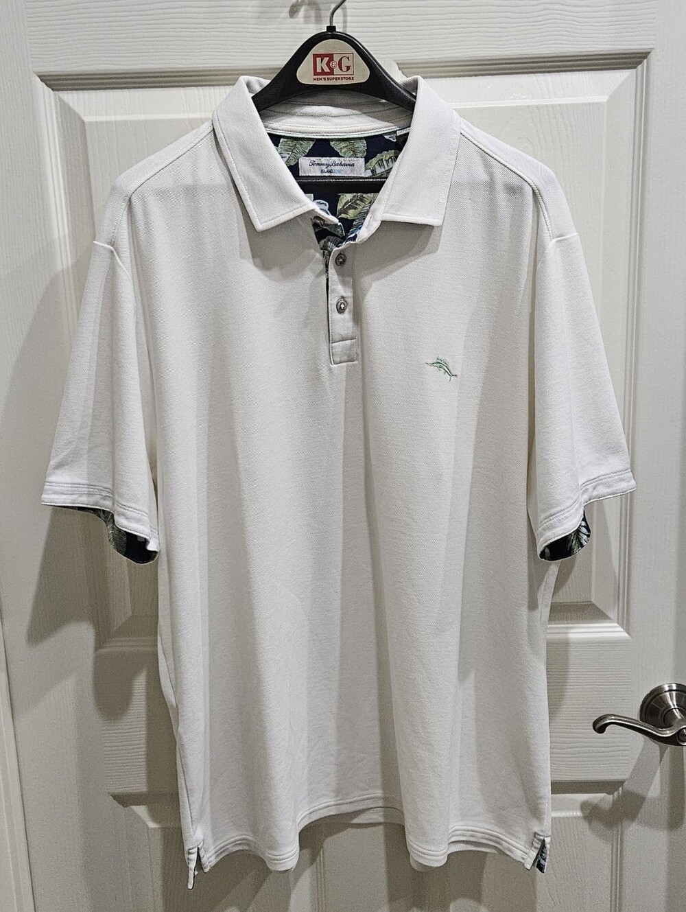 Tommy Bahama White Polo with Green Embroidered Marlin and Tropical Trim
